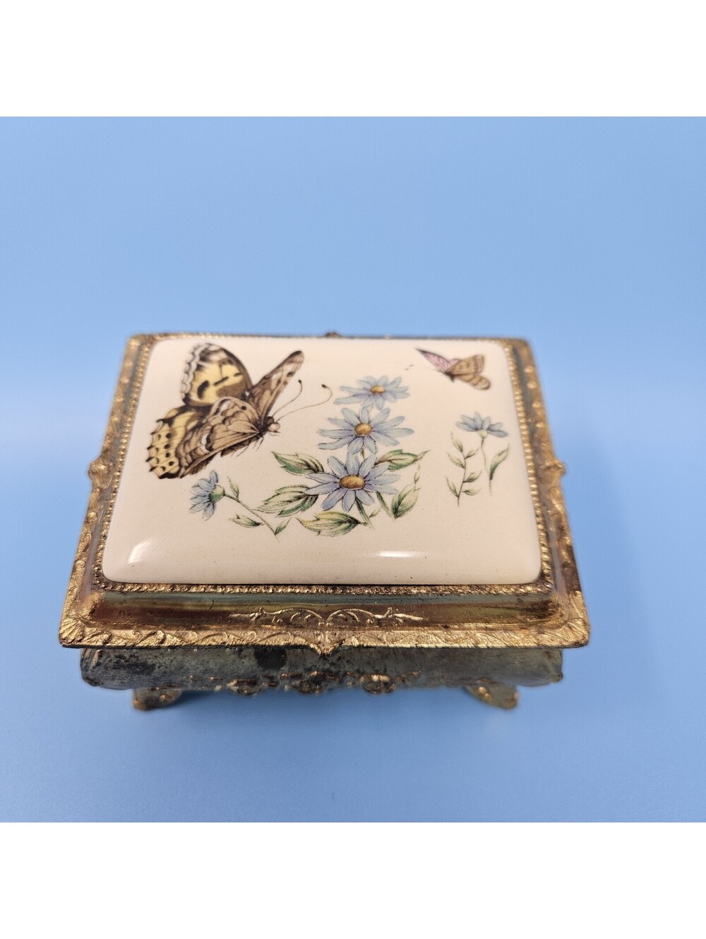Vintage Metal Japanese Trinket Box Painted Butterflies Porcelain Velvet Interior